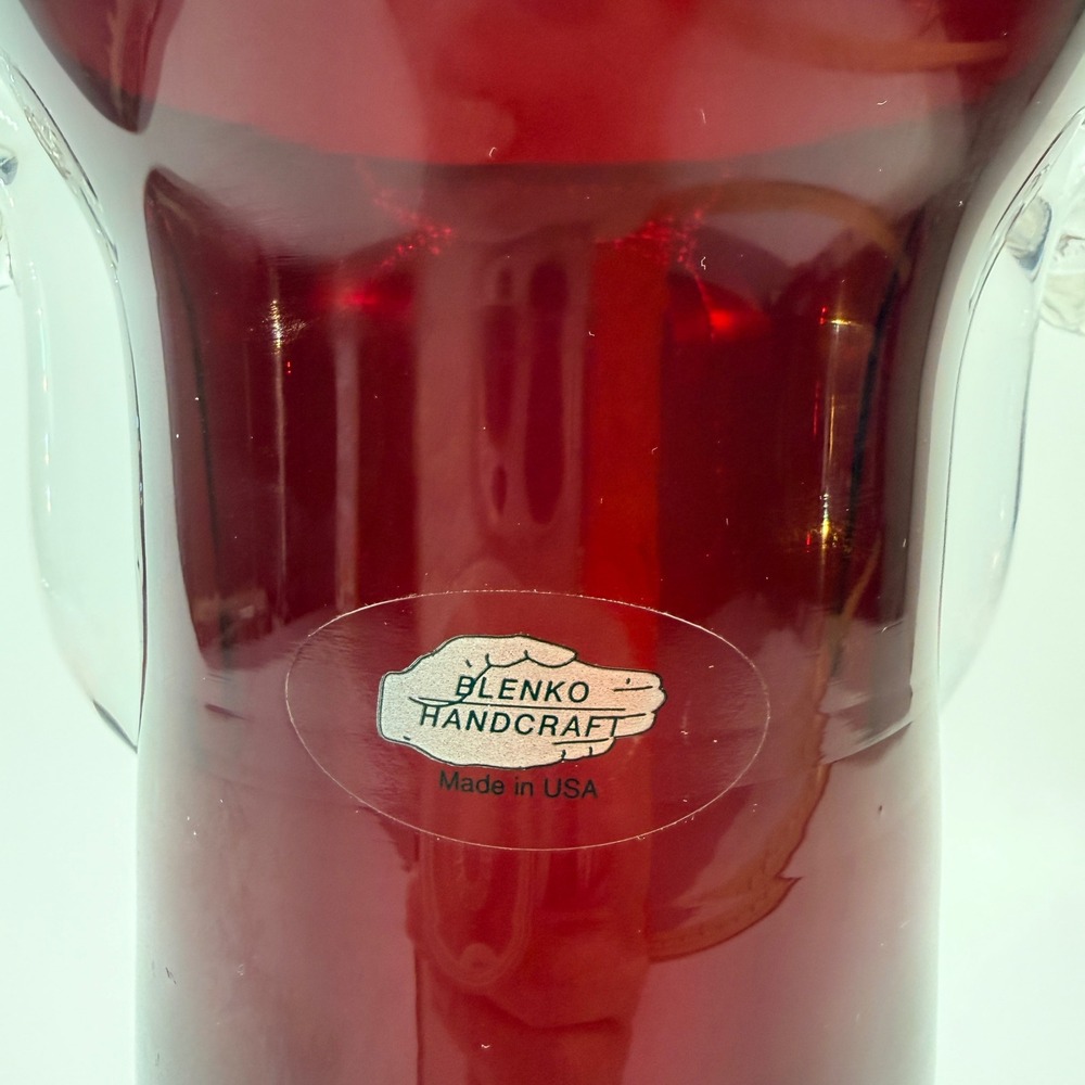 Blenko Ruby Red Glass Vase Non-Catalog Applied Clear Scroll Handles Silver Label - Picture 2 of 10